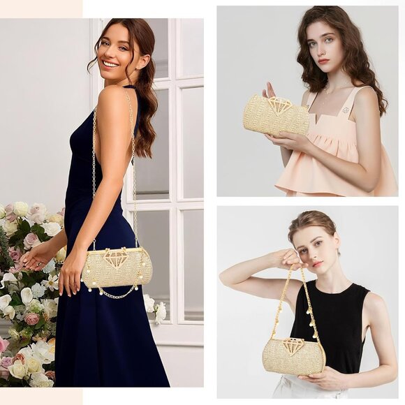 Gold rhinestone evening clutch with pearl chain, 8.3x4.3 inch - Picture 2 of 6